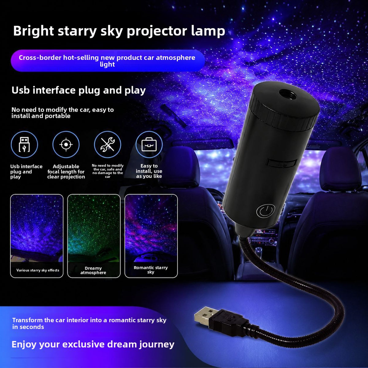 Starry Sky Car Ceiling Projector Light – USB Ambient Night Sky